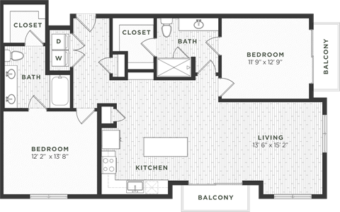 Floor plan for 2 beds, 2 baths, 1265 sqft